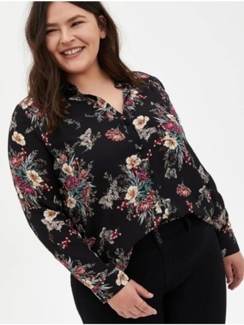 Torrid Black Dark Floral Butterfly Georgette Button Down Blouse Plus Size 3X